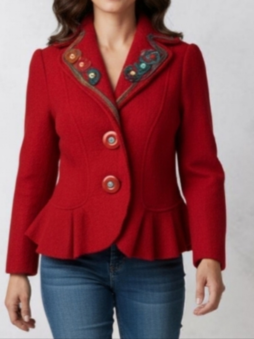 Lisa International Red Wool Peplum Jacket with Embroidered Collar PM